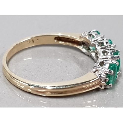 60 - 9CT YELLOW GOLD EMERALD AND DIAMOND FOUR STONE RING APPROXIMATELY 0.10CTS DIAMONDS 2.8G SIZE Q