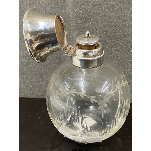 406 - GLASS PERFUME BOTTLE WITH SILVER AND TORTOISESHELL MOUNTS, MOUTH BLOWN HAND ETCHED WITH SWAGS, POLIS... 