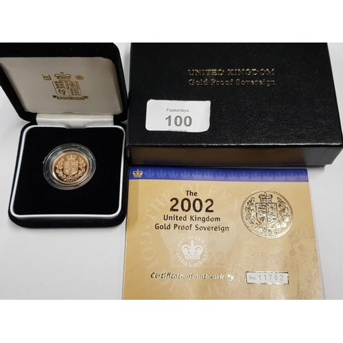 100 - 22CT GOLD PROOF 2002 SOVEREIGN COIN, WITH ORIGINAL BOX AND CERTIFICATE OF AUTHENTICITY