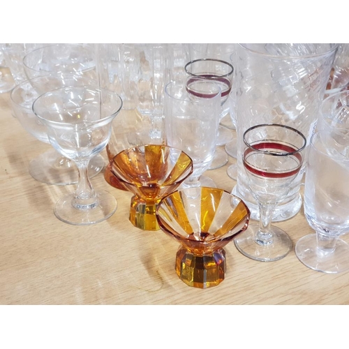 109 - LARGE QUANTITY OF MISCELLANEOUS GLASS WARE INCL WATER JUGS, SUNDAE DISHES AND RED GLASS ETC