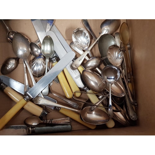 110 - BOX CONTAINING A SUBSTANTIAL AMOUNT OF SILVER PLATED CUTLERY, CHRISTENING SET ETC