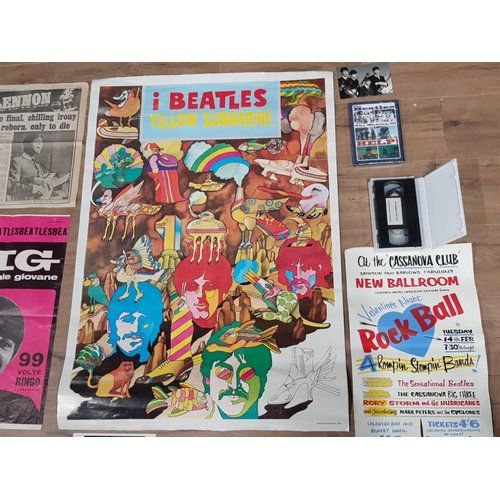 111 - BEATLES YELLOW SUBMARINE POSTER, MAKING OF HELP DVD, MAGAZINES, BEATLES IN NEW YORK VHS TAPE, RINGO ... 