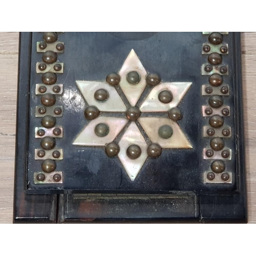 150 - LATE VICTORIAN ROSEWOOD SLIDING BOOK STAND INLAID WITH MOTHER OF PEARL AND BRASS STUDS EXTENDED 55CM... 