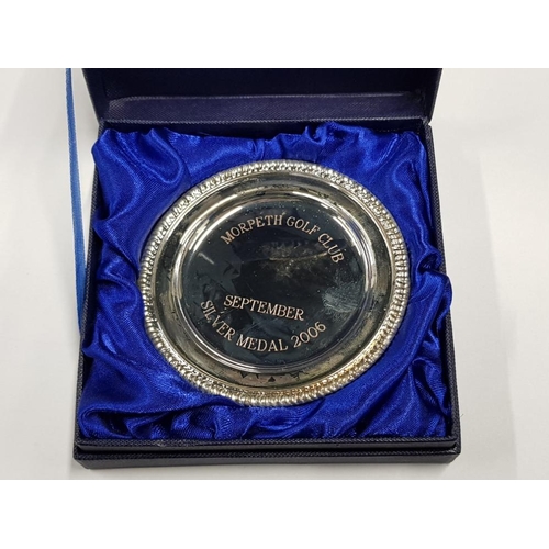 17 - 2 SILVER PLATED MORPETH GOLF TROPHY TRAYS, BOTH IN ORIGINAL PRESENTATION BOXES