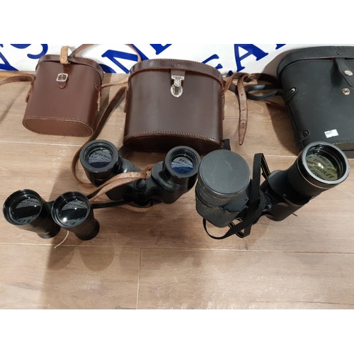 170 - THREE PAIRS OF BINOCULARS MIRANDA 10 X 50 SOLAROSS 9 X 35 AND A SMALLER PAIR ALL CASED