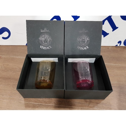 183 - VERSACE FOR ROSENTHAL AMBER AND ROSE GLASS CANDLE HOLDERS WITH COAS IN ORIGINAL BOXES