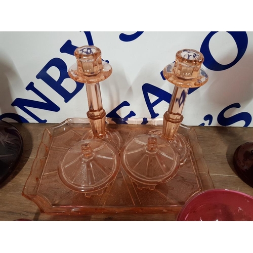 193 - GLASSWARE COMPRISING TWO PIECES OF CRANBERRY AN ART DECO DRESSING TABLE SET A SHIPS DECANTER AND A V... 