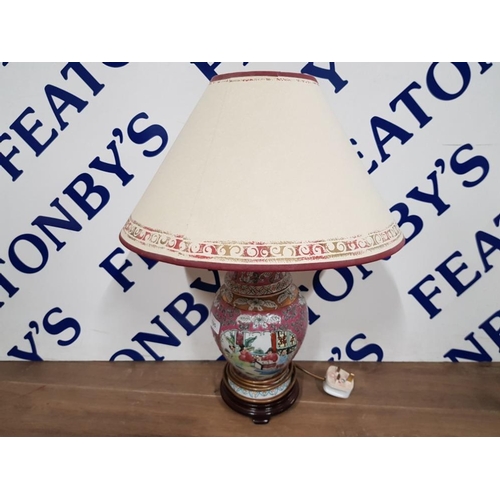 195 - A MODERN CHINESE FAMILLE ROSE TABLE LAMP WITH PAPER SHADE 55CM HIGH APPROX