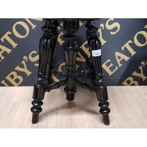 203 - VICTORIAN ADJUSTABLE EBONISED WOOD PIANO STOOL