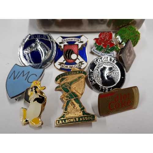 24 - CHROME SOAP BOX CONTAINING 10 ENAMEL BADGES