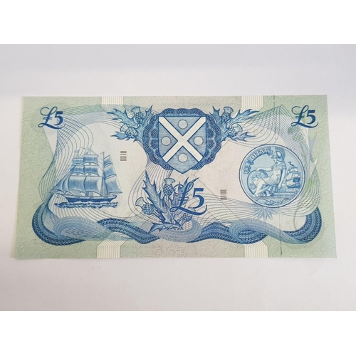 4 - BANK OF SCOTLAND 5 POUNDS BANKNOTE DATED 5-9-1973 SERIES W485892, PICK 112B, PRESSES ABOUT UNC