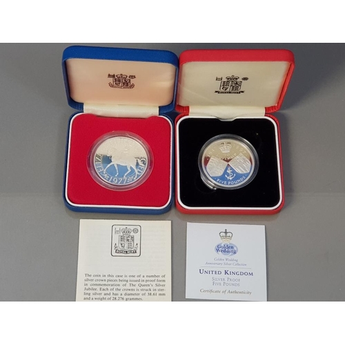 55 - UK ROYAL MINT 1977 JUBILEE SILVER PROOF CROWN AND 1997 GOLDEN WEDDING 5 POUND SILVER PROOF COIN BOTH... 