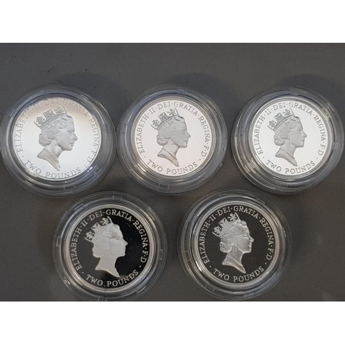 62 - 5 UK ROYAL MINT SILVER PROOF 2 POUND COINS 1989 BILL RIGHTS ,1994 BANK OF ENGLAND, 1995 PEACE, 1995 ... 