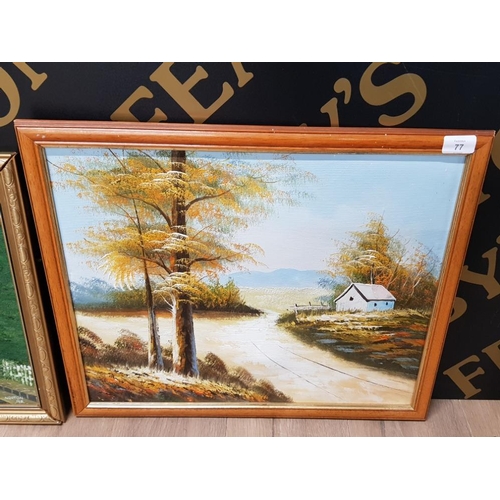 77 - OIL ON CANVAS AND GILT FRAMED OIL ON BOARD PAINTING BOTH COTTAGE SCENES