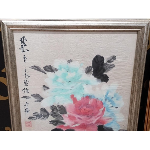 78 - TWO JAPANESE PRINTS OF FLOWERS, ONE SIGNED, ALONG WITH A PRINT OF A VASE OF FLOWERS SIGNED BY S.LEIG... 