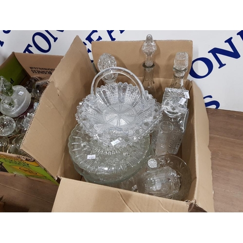 230 - GLASSWARE TO INCLUDE PRESSED GLASS DISHES DECANTERS A SHIP IN A BOTTLE SWAN ORNAMENT GLASSES ETC