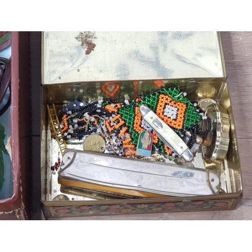 282 - VINTAGE CASE CONTAINING JEWELLERY BOX WITH NECKLACES AND BRACELETS, PIN BADGES AND SMALL KNIFE