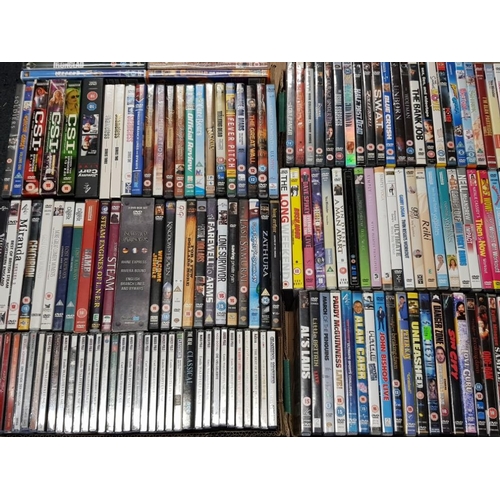 289 - 3 BOXES OF DVDS AND CDS, INCLUDES DVD BOX SETS, CSI, RAILWAY JOURNEYS ETC