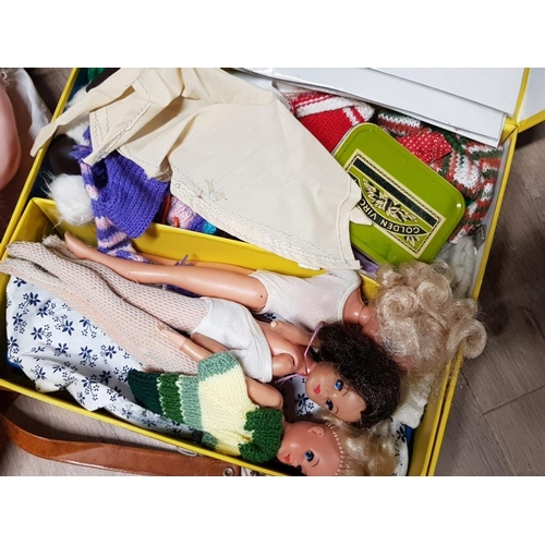 302 - 3 LARGE VINTAGE DOLLS AND BOX OF SMALLER DOLLS PLUS CLOTHING