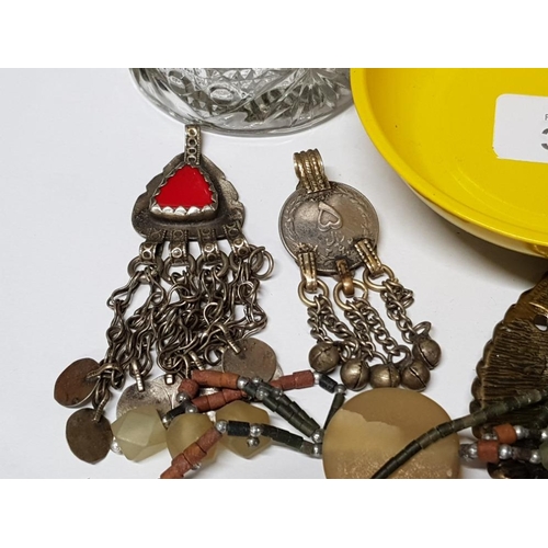 303 - MIDDLE EASTERN JEWELLERY TO INCLUDE PENDANTS, ONE CONVERTED COIN BRASS FIGURINE ETC