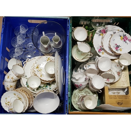 313 - 3 BOXES OF MIXED CERAMICS MOSTLY TEA SETS ALSO INCLUDES NICELY ETCHED WINE GLASSES