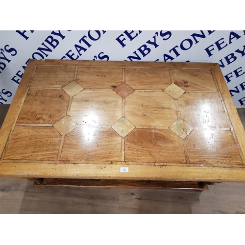 326 - A WOODEN COUNTRY FORM RECTANGULAR COFFEE TABLE WITH DRAWER TO FRONT AND BACK TURNED LEGS JOINED BY S... 