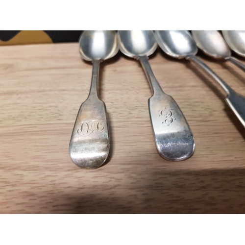 336 - SIX VICTORIAN SILVER DESSERT SPOONS MAKERS MARK SS LONDON 1875 TOGETHER WITH ANOTHER ALL INITIALLED ... 