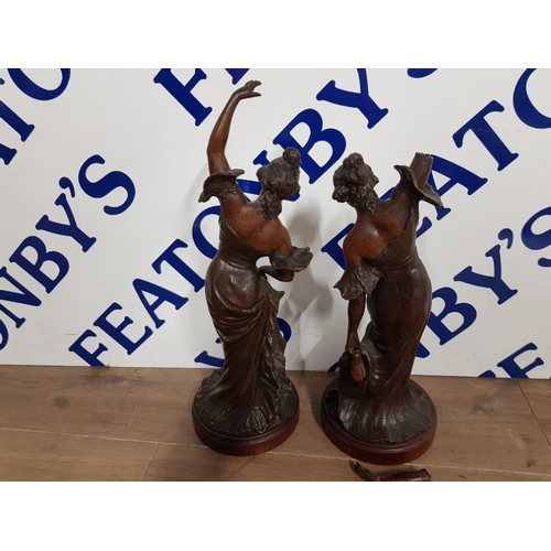 340 - A PAIR OF GOLDSCHIEDER STYLE PAINTED METAL FIGURES OF MAIDENS SAS 42.5CM HIGH