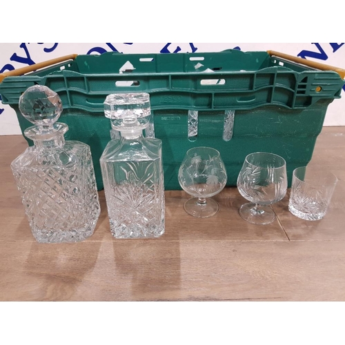 346 - CUT AND MOULDED GLASSWARE TO INCLUDE TWO DECANTERS BRANDY BALLOONS AND TUMBLERS