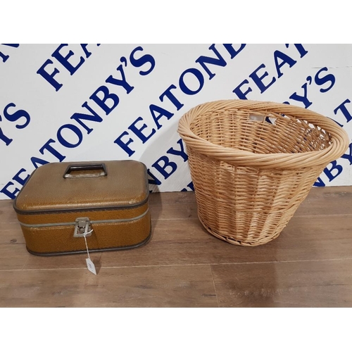 351 - A VINTAGE VANITY STYLE CASE 34 X 18 X 27CM TOGETHER WITH A WICKER LOG BASKET 33CM HIGH