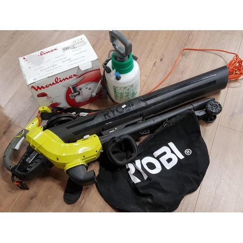 354 - RYOBI 300W GARDEN VAC TOGETHER WITH GARDEN SPRAYER AND BOXED MOULIMEX MEAT GRINDER