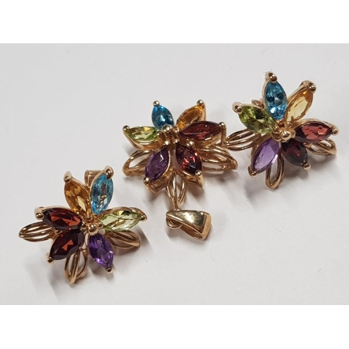 359 - 9CT YELLOW GOLD FLOWER CLUSTER EARRINGS AND PENDANT SET WITH GARNET, AMETHYST, PERIDOT, BLUE TOPAZ A... 