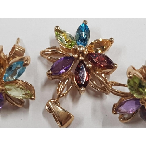 359 - 9CT YELLOW GOLD FLOWER CLUSTER EARRINGS AND PENDANT SET WITH GARNET, AMETHYST, PERIDOT, BLUE TOPAZ A... 