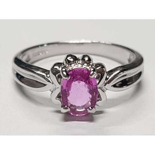 362 - 18CT WHITE GOLD OVAL PINK STONE RING, 4G GROSS SIZE N