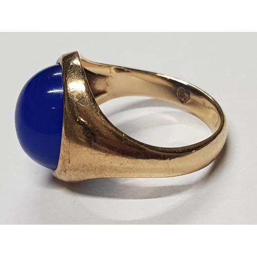 376 - 9CT YELLOW GOLD OVAL BLUE STONE RING, 4.2G GROSS SIZE J