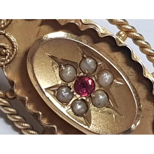 382 - 9CT YELLOW GOLD RUBY AND PEARL BROOCH, 3.1G GROSS