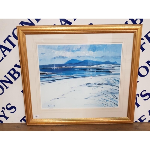 392 - A SIGNED LIMITED EDITION COLOUR PRINT AFTER ROBERT KELSEY FIGURES ON A BEACH NO 145/950 46.5 X 56.5C... 