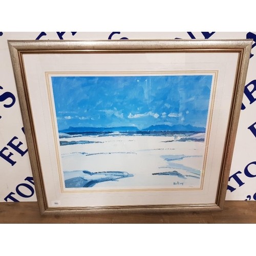 393 - A LIMITED EDITION COLOUR PRINT AFTER ROBERT KELSEY SCOTTISH BEACH SCENE NO 106/950 47 X 57CM