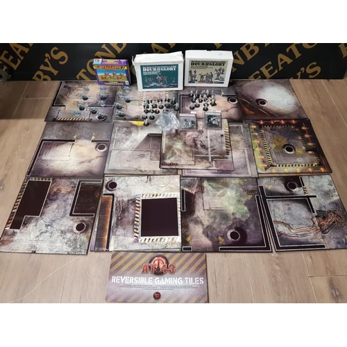 215 - 13 AT 43 REVERSIBLE GAMING TILES AND 2 BOXES OF WAR GAMES MINATURES FROM THE MILITARY CLASSIC HOUR O... 