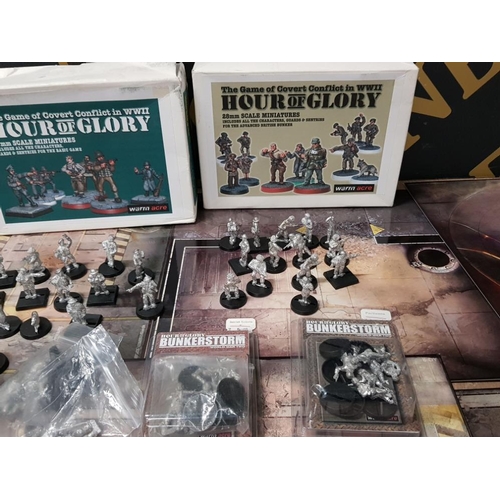 215 - 13 AT 43 REVERSIBLE GAMING TILES AND 2 BOXES OF WAR GAMES MINATURES FROM THE MILITARY CLASSIC HOUR O... 