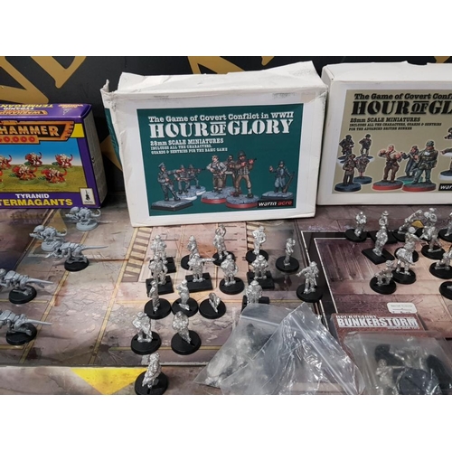 215 - 13 AT 43 REVERSIBLE GAMING TILES AND 2 BOXES OF WAR GAMES MINATURES FROM THE MILITARY CLASSIC HOUR O... 