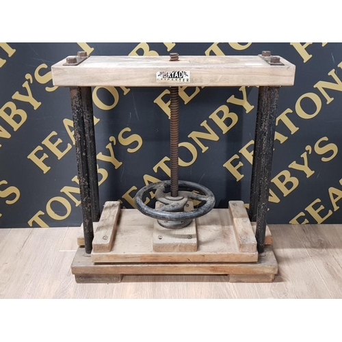 219 - ANTIQUE DRYAD LEICESTER BOOK PRESS, WITH OLD MECHANISM AND WOODEND CAST IRON DECOR SHELF