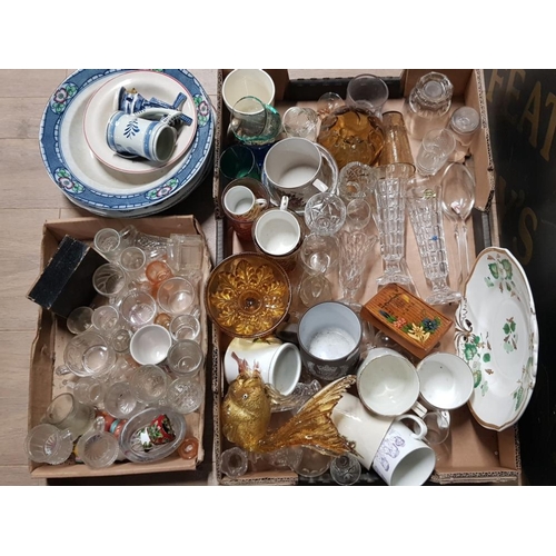 405 - 2 BOXES OF MIXED CERAMICS, GLASS AND ANTIQUE PLATES PLUS DISHES, ALSO INCLUDES DELFT WARE