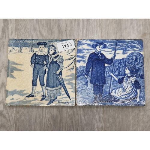 114 - 2 BLUE AND WHITE 6 INCH TILES BY JOSIAH WEDGWOOD AND SONS FEATURING A BOY AND GIRL IN THE MONTHS SER... 