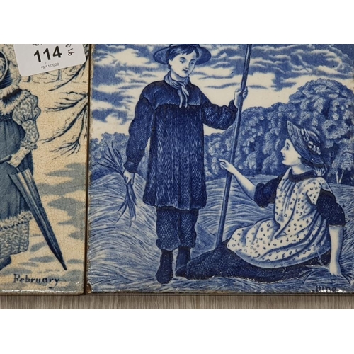 114 - 2 BLUE AND WHITE 6 INCH TILES BY JOSIAH WEDGWOOD AND SONS FEATURING A BOY AND GIRL IN THE MONTHS SER... 