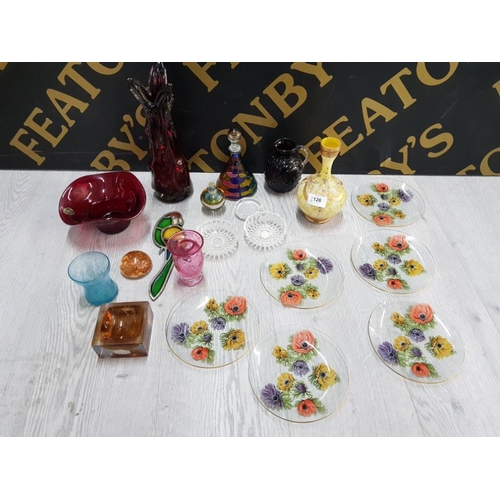 126 - ART GLASS TO INCLUDE PERFUME BOTTLES AND SUN CATCHER PARROT