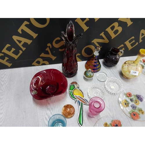 126 - ART GLASS TO INCLUDE PERFUME BOTTLES AND SUN CATCHER PARROT