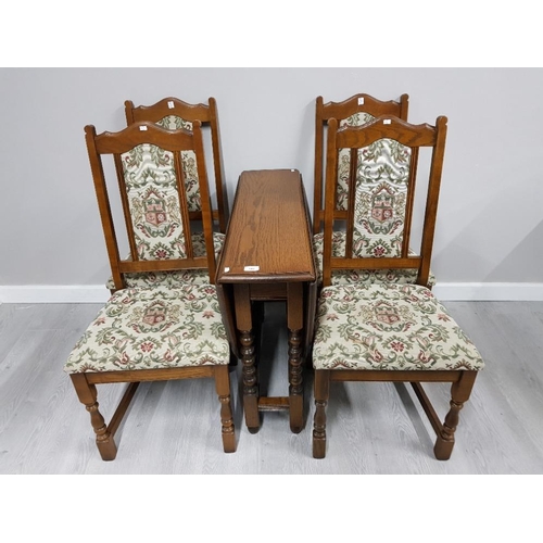 142 - VINTAGE 1970S SOLID OAK OLD CHARM DROP LEAF TABLE WITH 4 UPHOLSTERED OLD CHARM CHAIRS