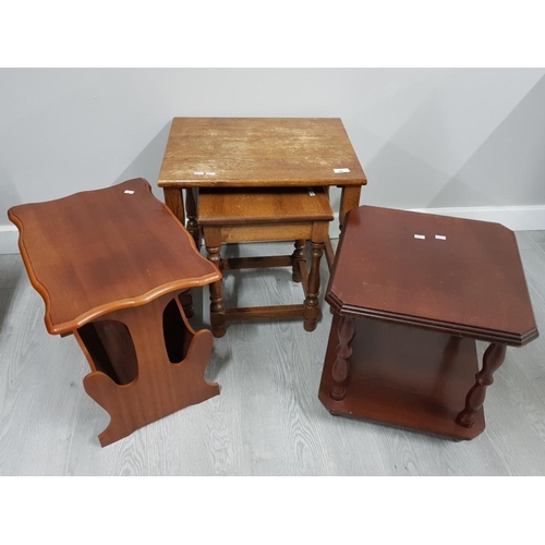 164 - OAK NEST OF 2 TABLES TOGETHER WITH MAHOGANY OCCASIONAL TABLE AND MAGAZINE RACK