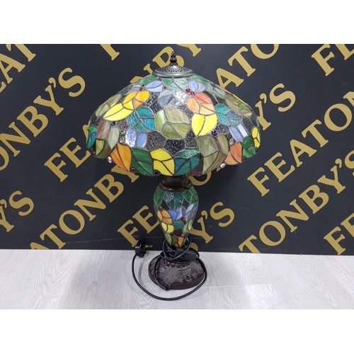 167 - COLOURED GLASS TIFFANY STYLE TABLE LAMP AND MATCHING SHADE WORKING ORDER